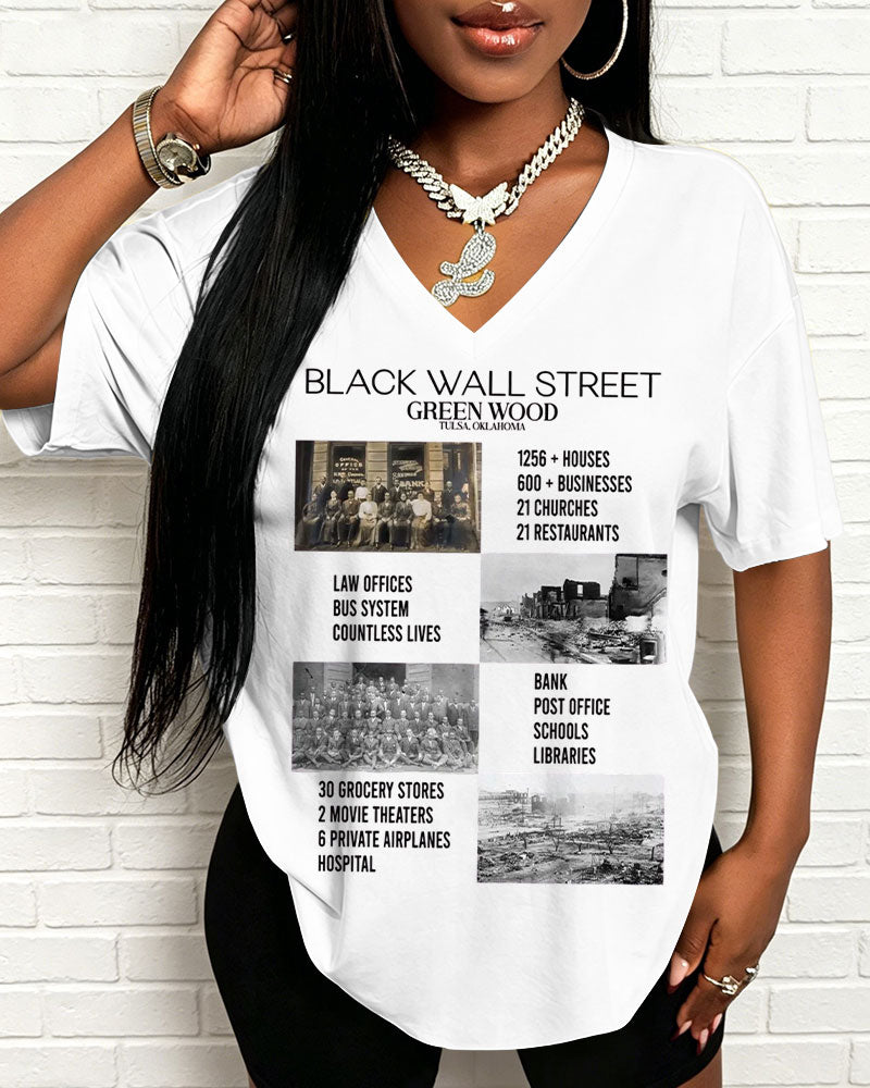 100% Cotton Black Wall Street  American History V Neck Short Sleeve Tshirt