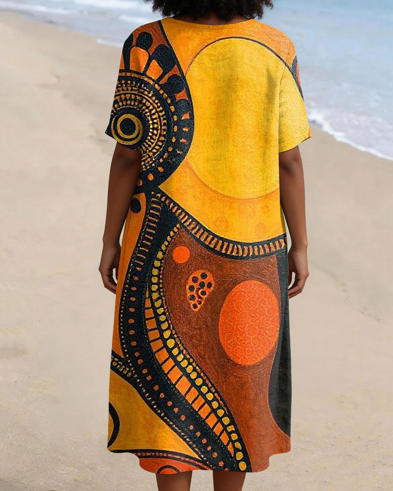 African Geometric Art Print V-neck Casual Cotton and Linen Dress