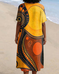 African Geometric Art Print V-neck Casual Cotton and Linen Dress