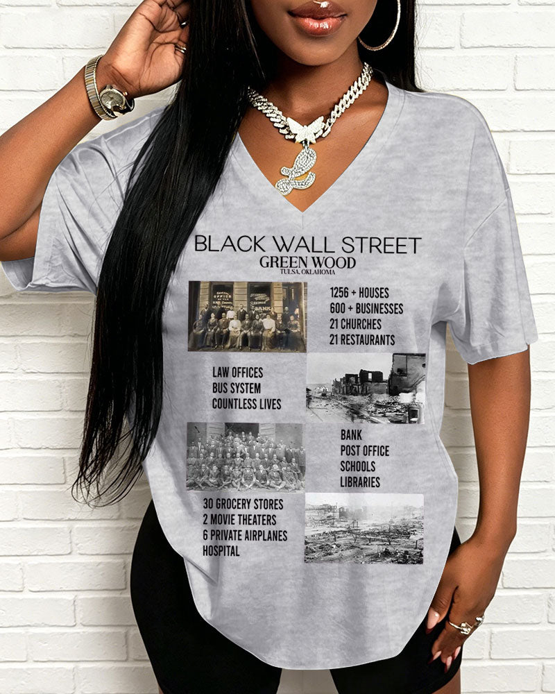 100% Cotton Black Wall Street  American History V Neck Short Sleeve Tshirt
