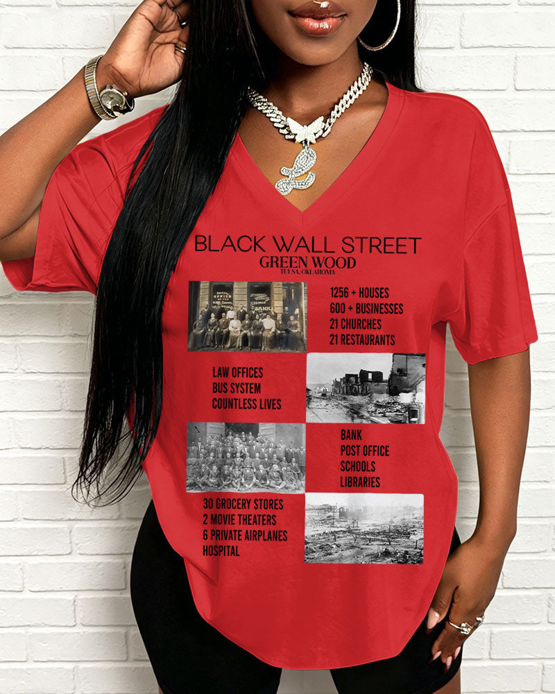 100% Cotton Black Wall Street  American History V Neck Short Sleeve Tshirt