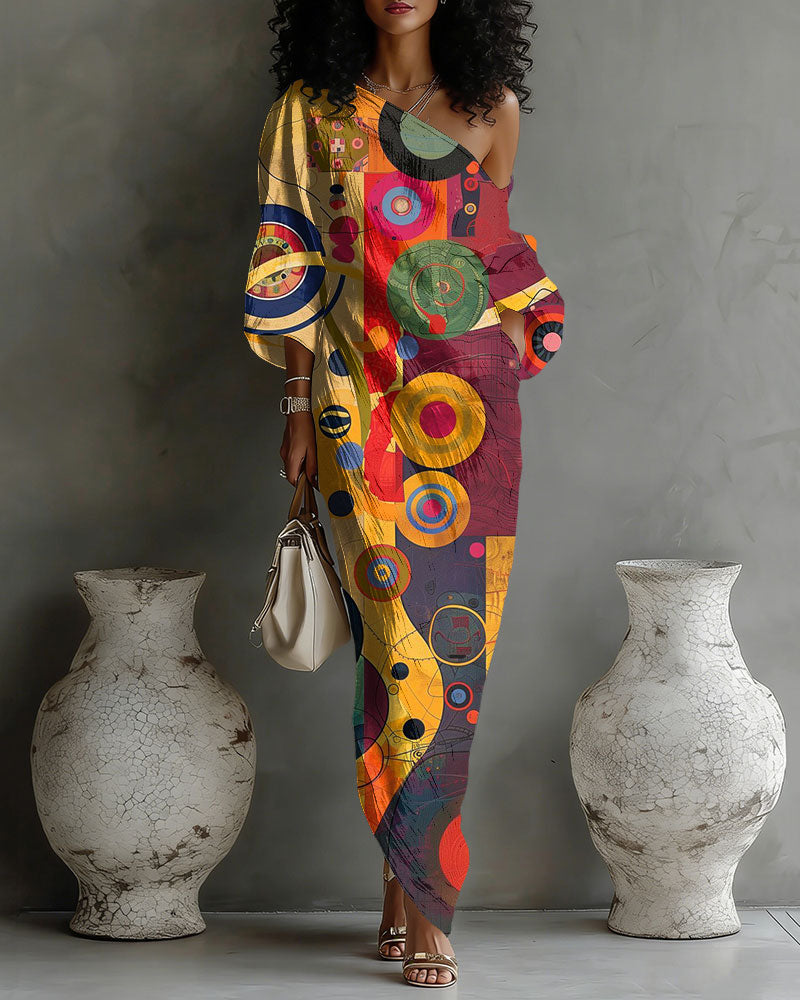 Color-blocked Polka Dot Print Cotton-Linen Blend One-Shoulder Flowing Elegant Dress