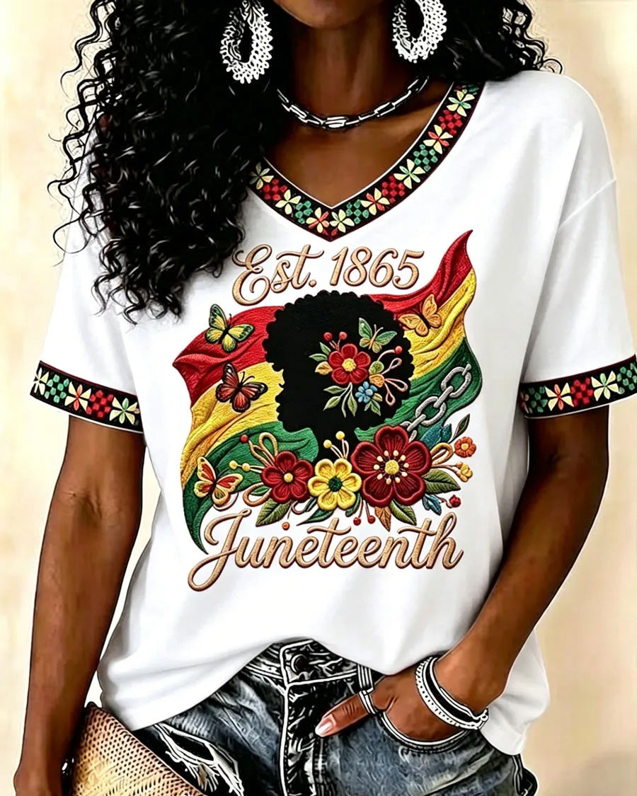 Juneteenth History Culture Print V-neck Short Sleeve Tshirt