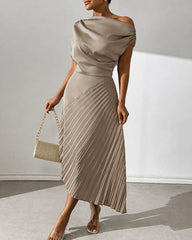 Women's Elegant Open Shoulder Dress With Pleated Panel Maxi Satin Women Outfit