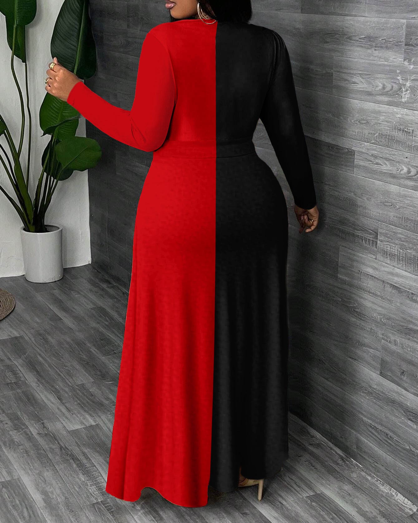 Simple Contrasting Colors Round Neck Long Sleeve Maxi Dress