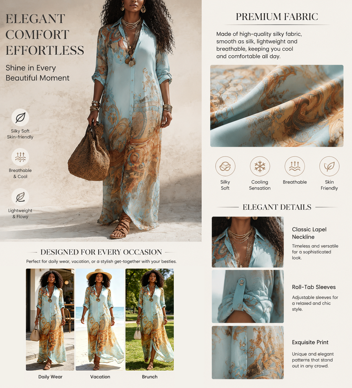 Silk Texture Abstract Print Relaxed Maxi Shirt Dress
