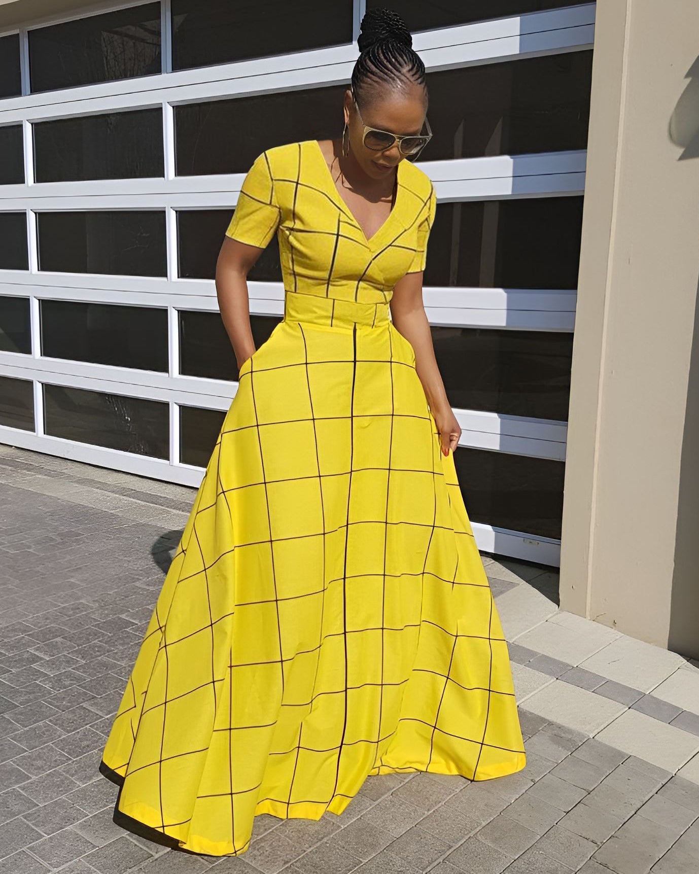 V Neck Yellow Black Stripes Short Sleeve Maxi Dress