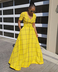 V Neck Yellow Black Stripes Short Sleeve Maxi Dress