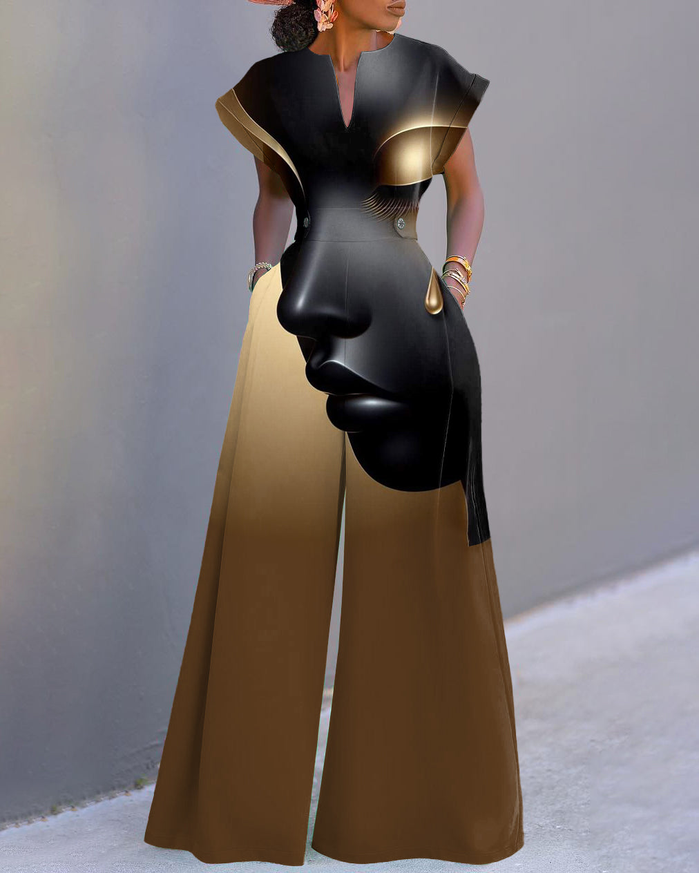 Golden Tears Girl Art Print Neckline Batwing Sleeve Wide Leg Jumpsuit