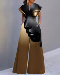 Golden Tears Girl Art Print Neckline Batwing Sleeve Wide Leg Jumpsuit