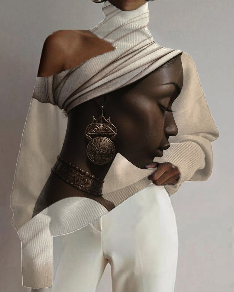 Black Girl Oil Print Cutout High Neck Top