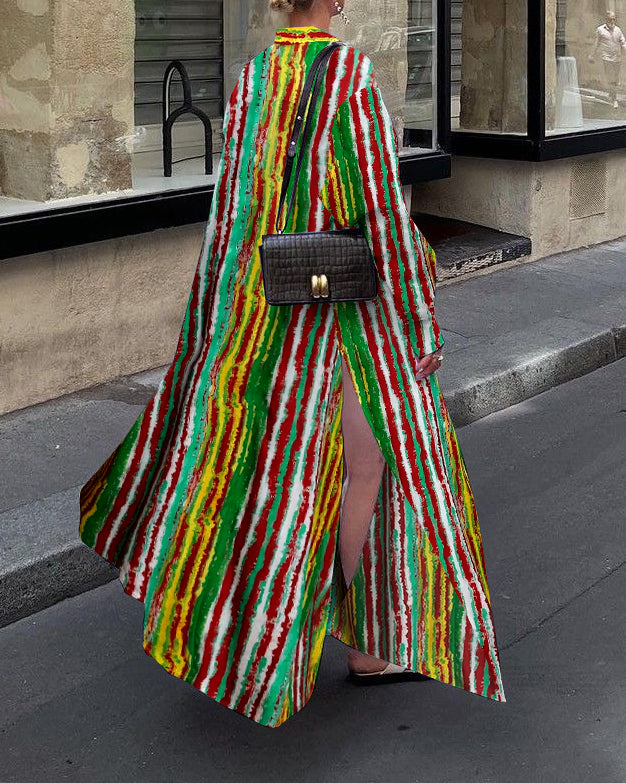 Contrasting Watercolor Stripes Hem Slit Shirt Collar Long Sleeve Maxi Dress