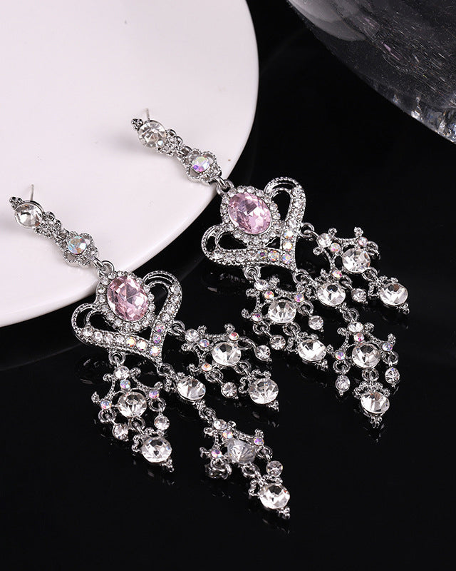 Baroque Pink Crystal Heart Tassel Earrings