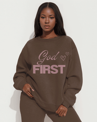 Colorblock God First Print Long Sleeve Sweatshirt Two Pieces Set