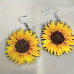 Exaggerated Wooden Sunflower Pattern Earrings