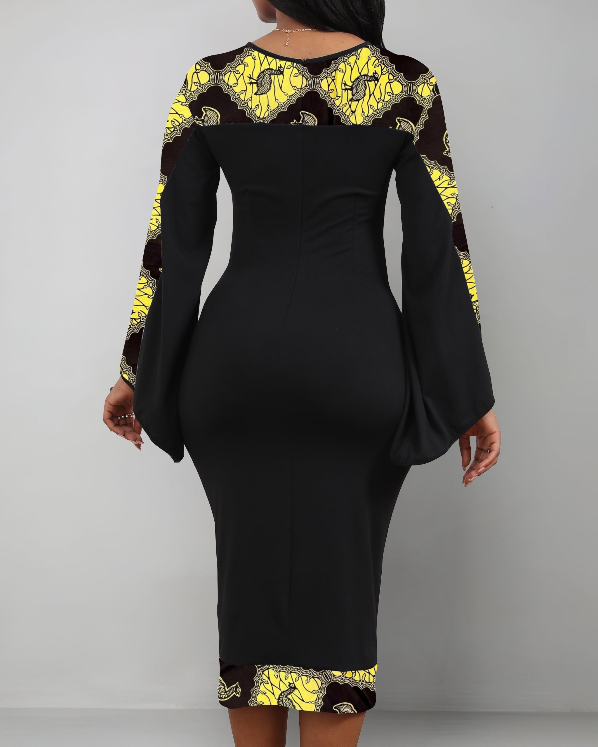 Trendy Ankara Flared Sleeve Bodycon Midi Dress