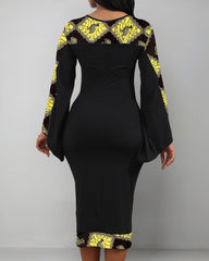 Trendy Ankara Flared Sleeve Bodycon Midi Dress