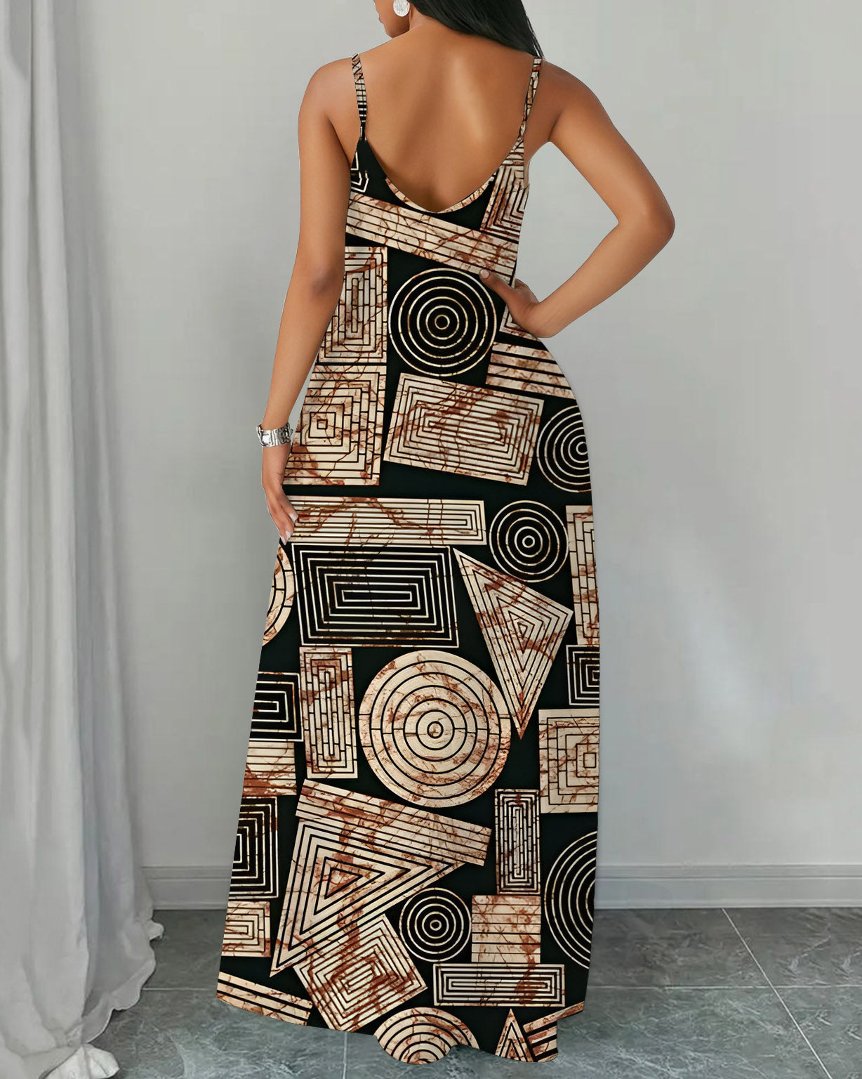 Sling African Geometric Print Pocket Maxi Dress