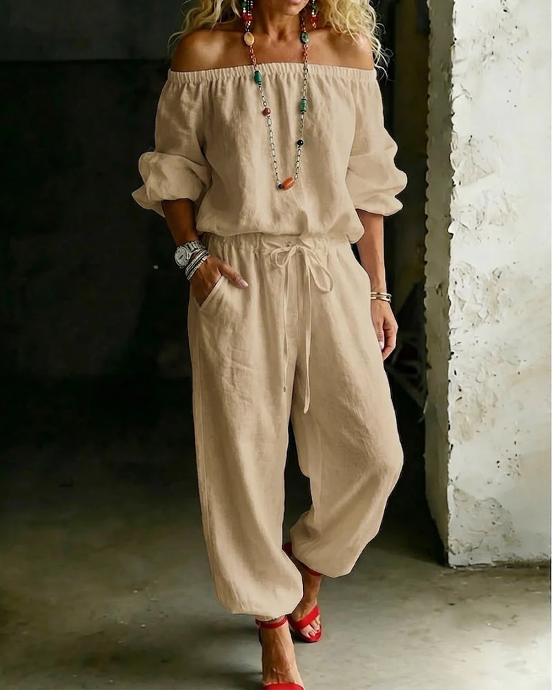 Off-Shoulder Solid Color Cotton Linen Tie Waist Cinched Waist Jumpsuit