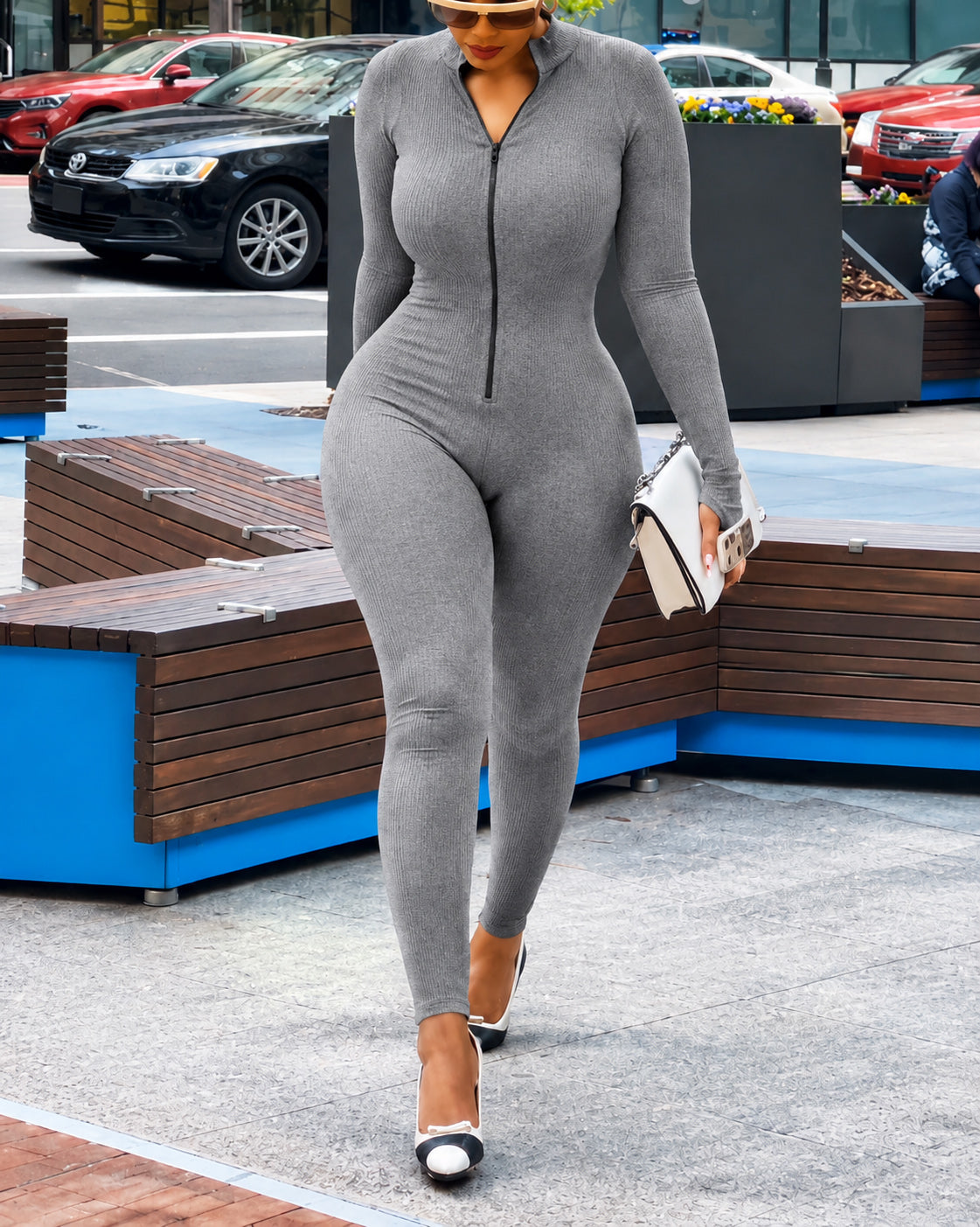 Long Sleeve Half Zip Mock Neck Ribbed Jumpsuit
