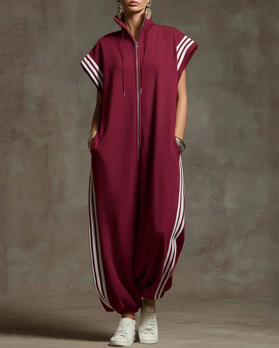 Contrast Color Pockets Split-Joint Striped Zipper Stand Collar Jumpsuits