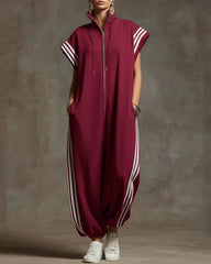 Contrast Color Pockets Split-Joint Striped Zipper Stand Collar Jumpsuits