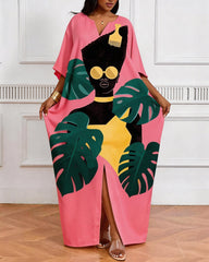 Pink Bamboo Black Print V-Neck Elegant Dress
