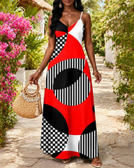 Sling Abstract Striped Art Print Pocket Maxi Dress