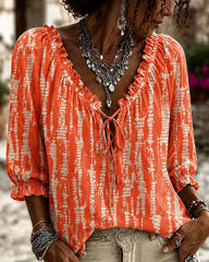 Irregular Geometric Stripes Print Lace Up Blouse