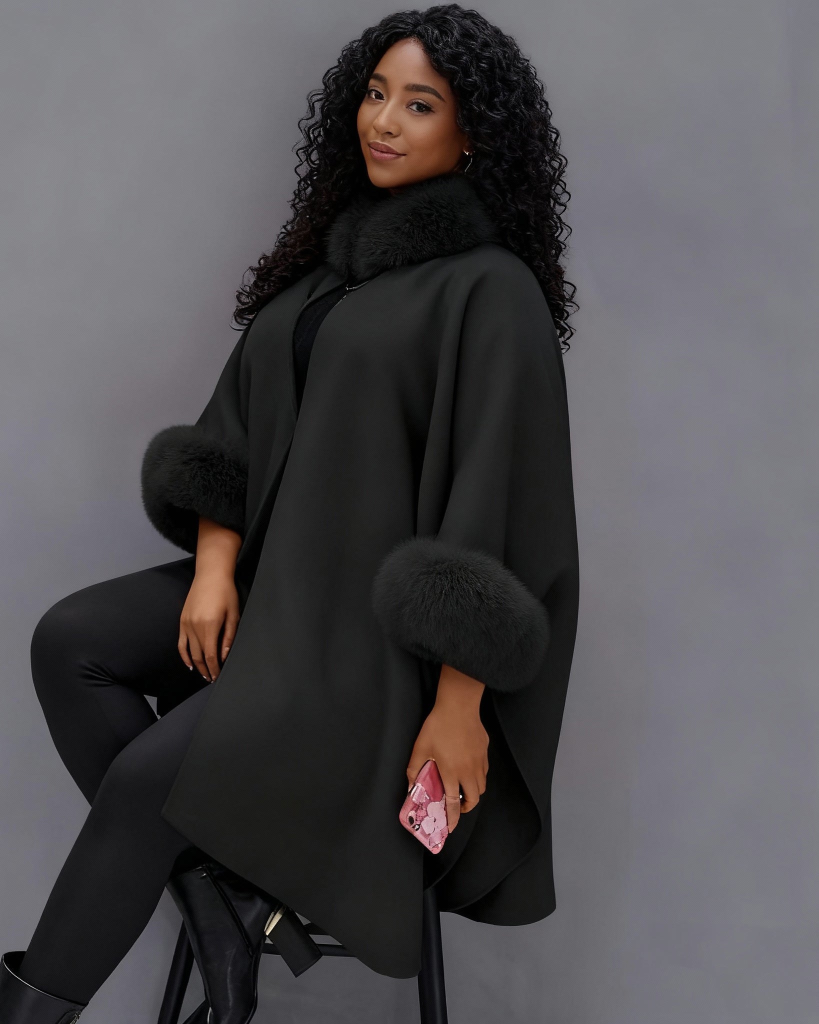 Autumn-Winter Hepburn-Style Wool Cape Coat (Rabbit Fur Collar) | Perfect for Self & Gift for BFF/Sister/Family