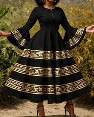 Gold Abstract Patterns Prints Ruffle Sleeve Maxi Dress