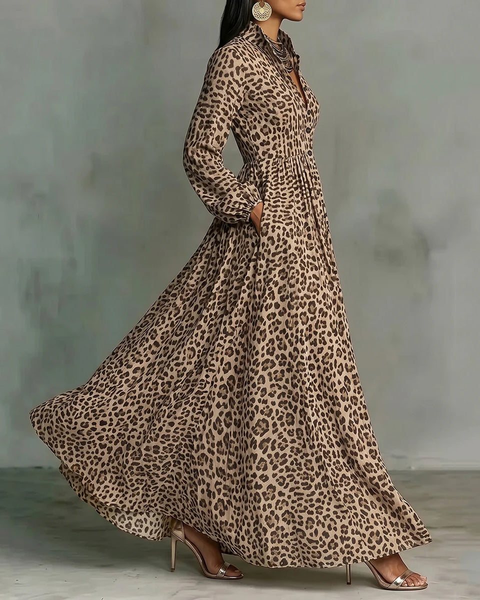 Long Sleeves Buttoned Contrast Color Leopard Pleated Pockets Lapel Maxi Dresses