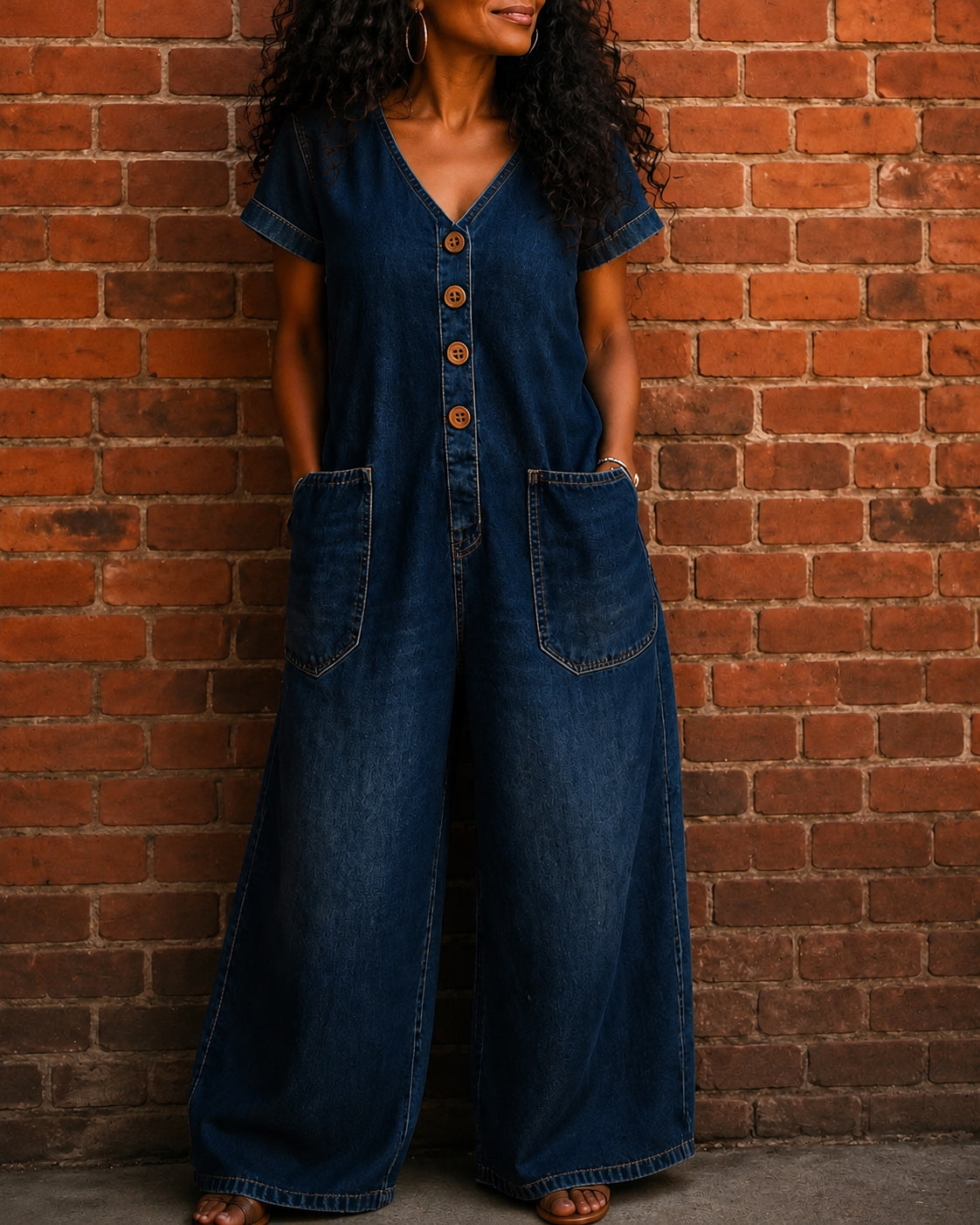 100% Denim V-neck Pocket Wide-leg Jumpsuit