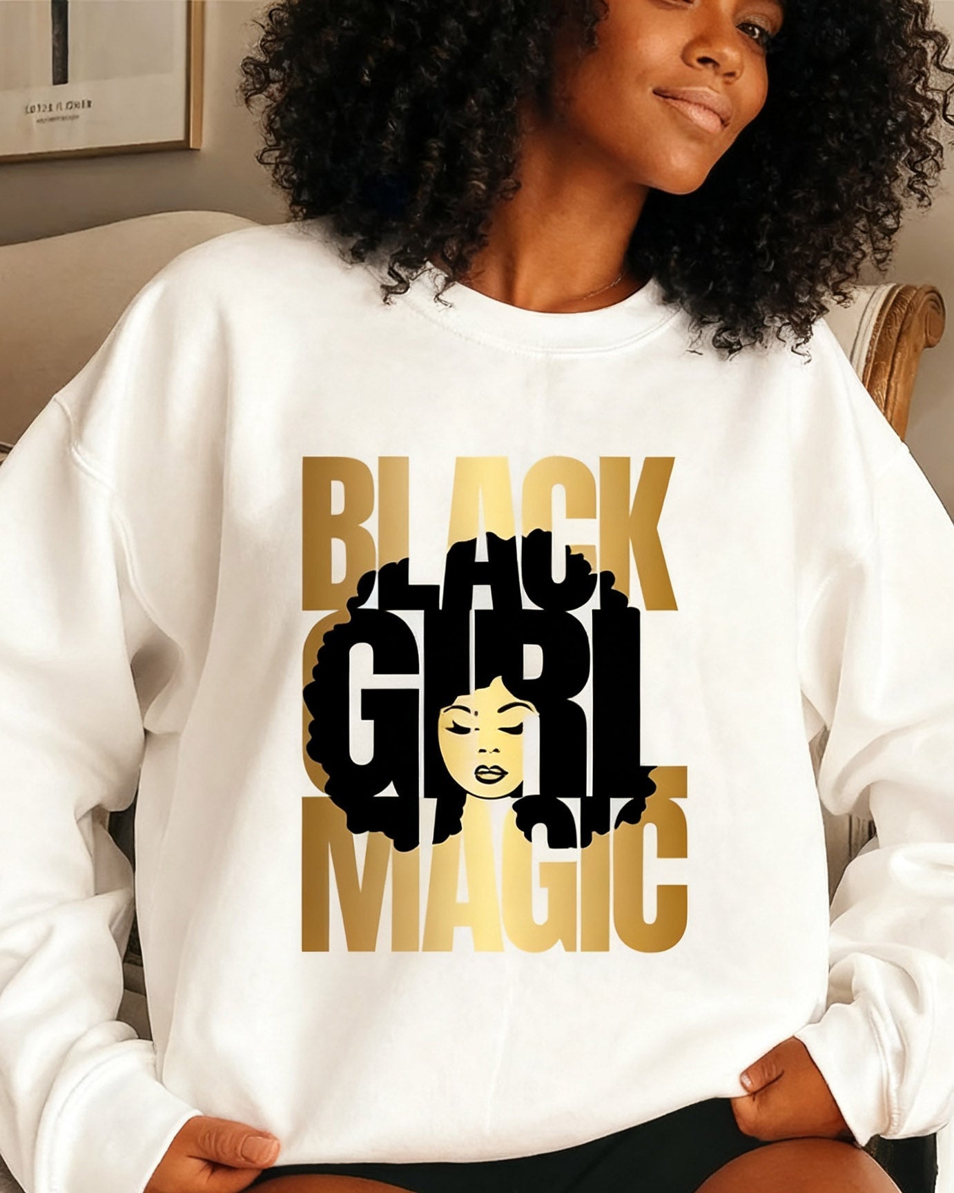Black Girl Magic Print Crewneck Long Sleeve Sweatshirt
