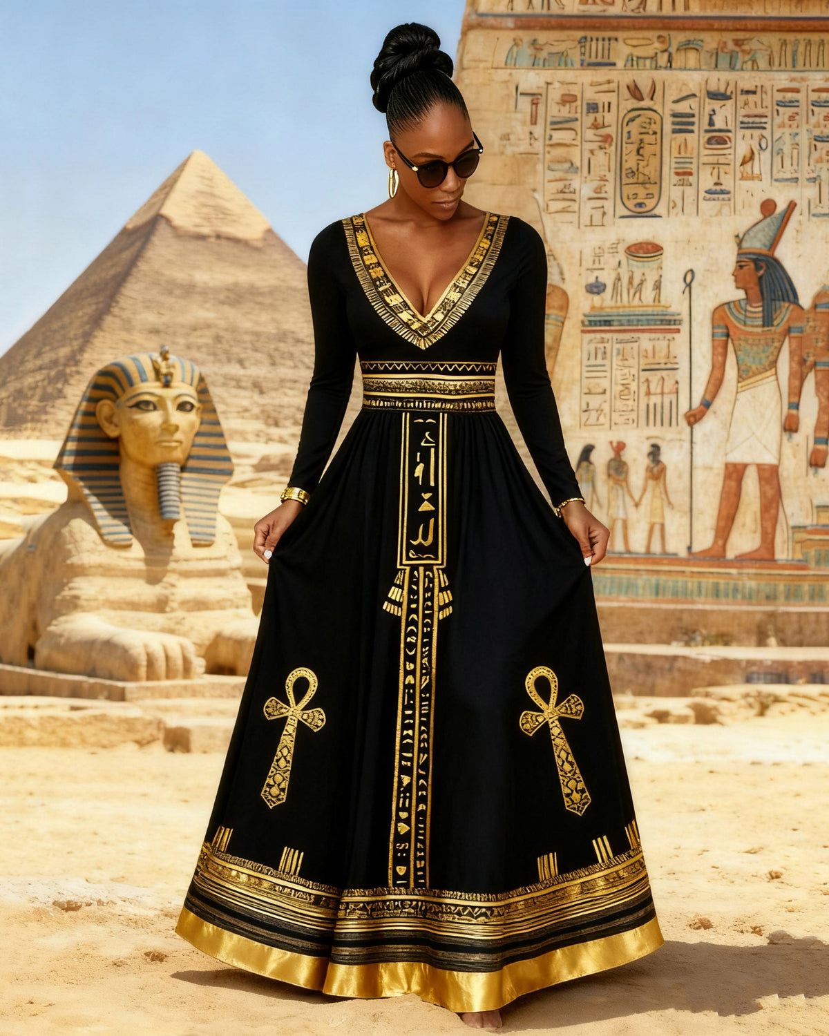 V Neck Black Culture Egyptian Cross Long Sleeves Maxi Dress