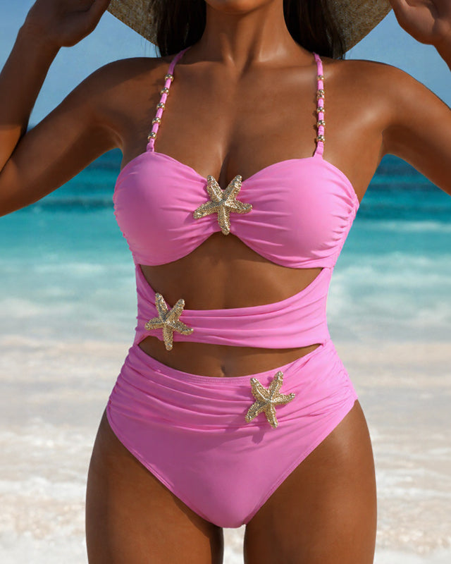 One-piece Bodysuit Swimsuit with Starfish Metal Buckle Spaghetti Straps