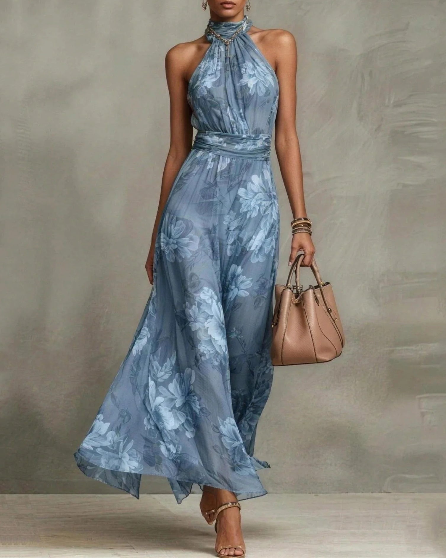 Chiffon Flowers Sleeveless High Waist Floral Print Maxi Dress