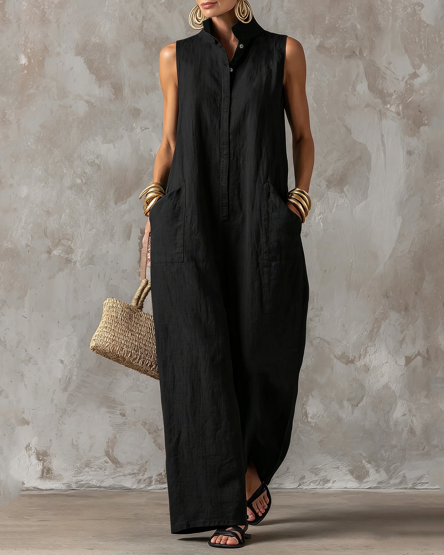 Stand-up Collar Sleeveless Linen Button-down Loose Wide-leg Jumpsuit