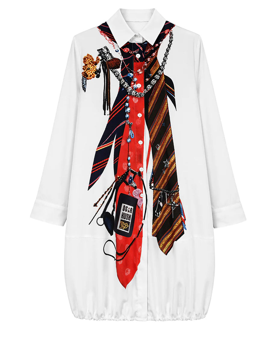 Long Sleeves Loose Buttoned Pockets Printed Lapel Midi Dresses