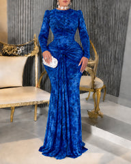 Elegant Floral Printed Long Sleeve Mermaid Maxi Dress