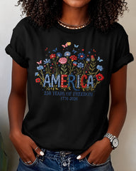 100% Cotton America 250 Years USA Floral Crew Neck Short Sleeve Tshirt
