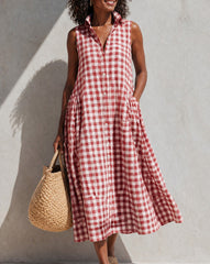 Button Front Collared Classic Plaid Sleeveless Casual Dress