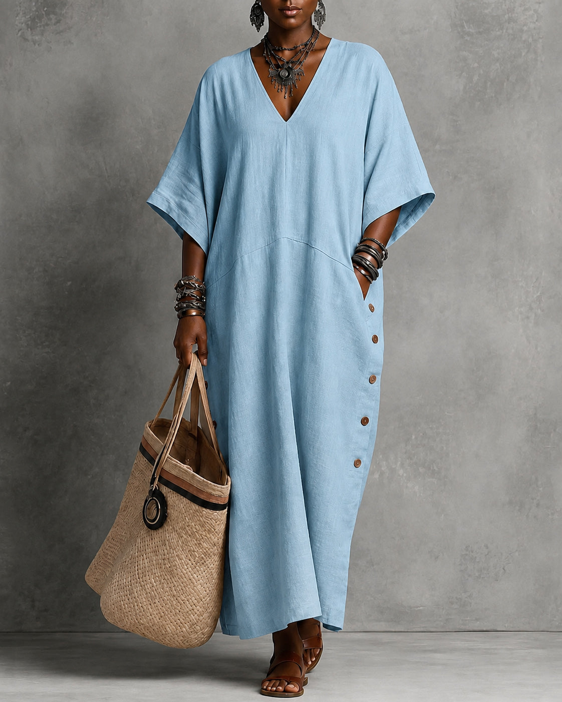 V-neck Solid Color Loose Dress