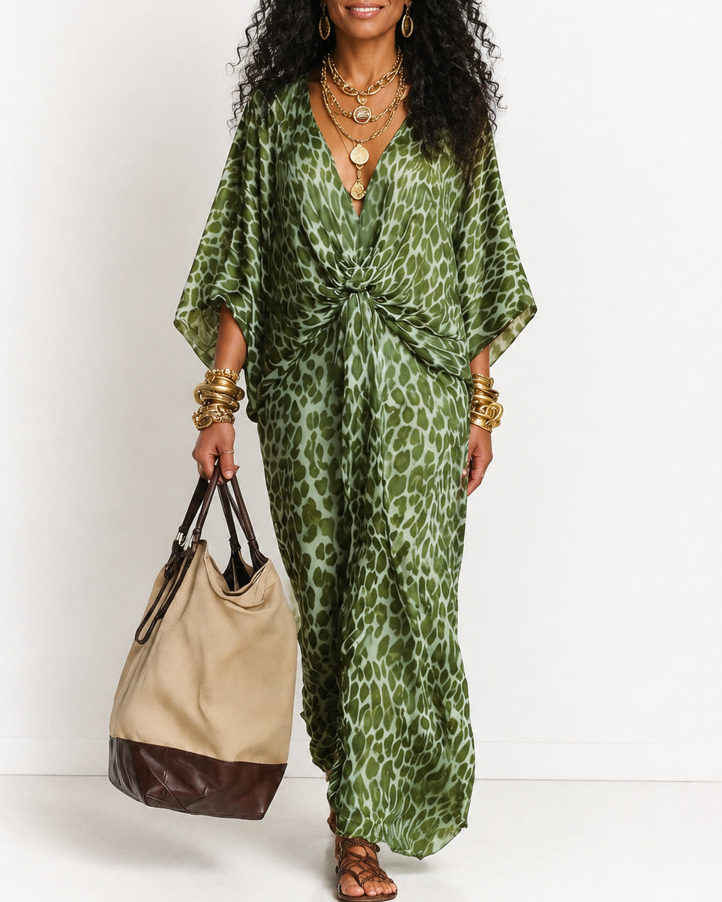 V-Neck Batwing Sleeves Ruched Waist Leopard Print Maxi Dress