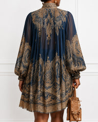 Baroque Print High-neck Irregular Chiffon Mini Dress