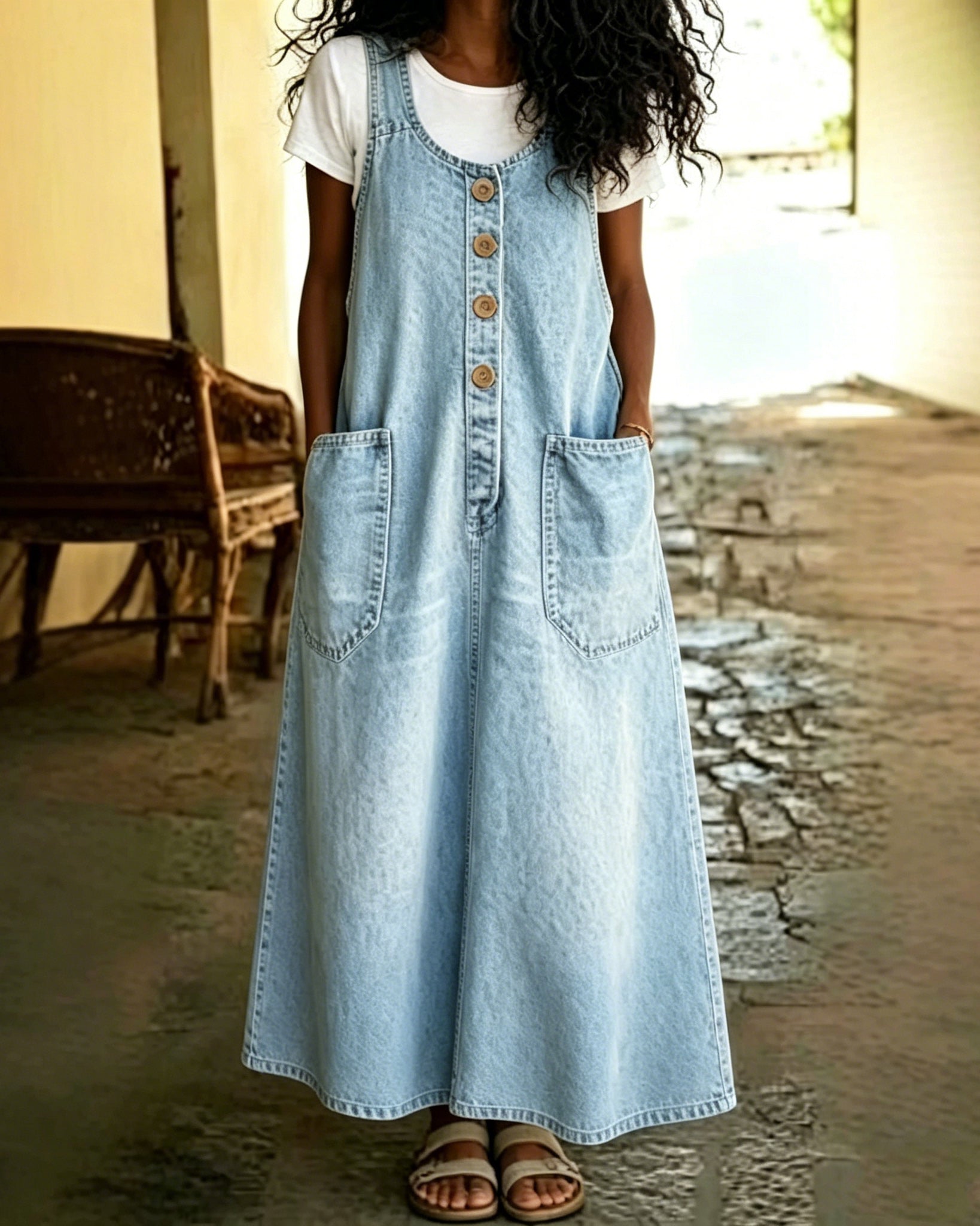 Denim U-neck Sleeveless Pocket Dress