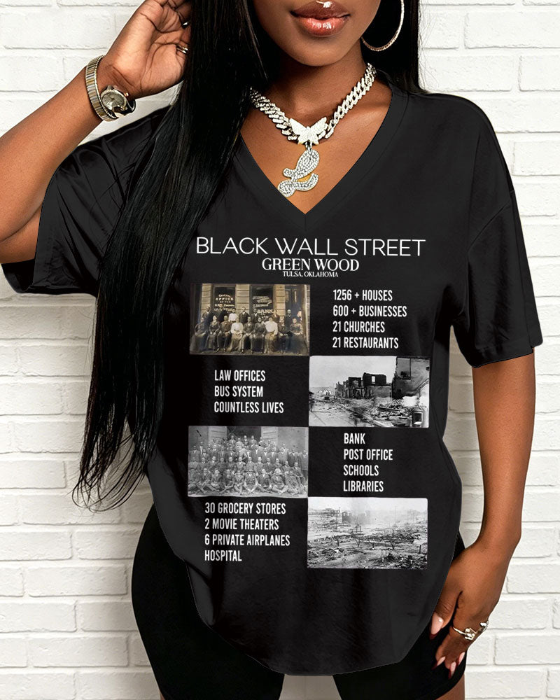 100% Cotton Black Wall Street  American History V Neck Short Sleeve Tshirt