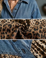 Women’s Denim Spliced Gradient Leopard Print Shirt Midi Dress