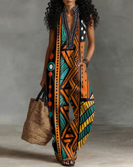 Classic Tribal Totems Linen Blend Sleeveless Jumpsuit With Zipper And Stand Collar
