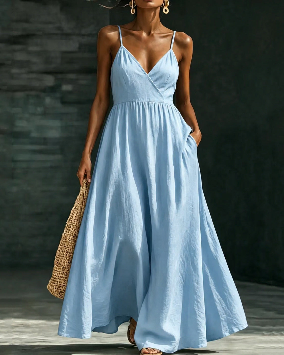 V‑neck Camisole High‑waisted Maxi Dress with Pockets